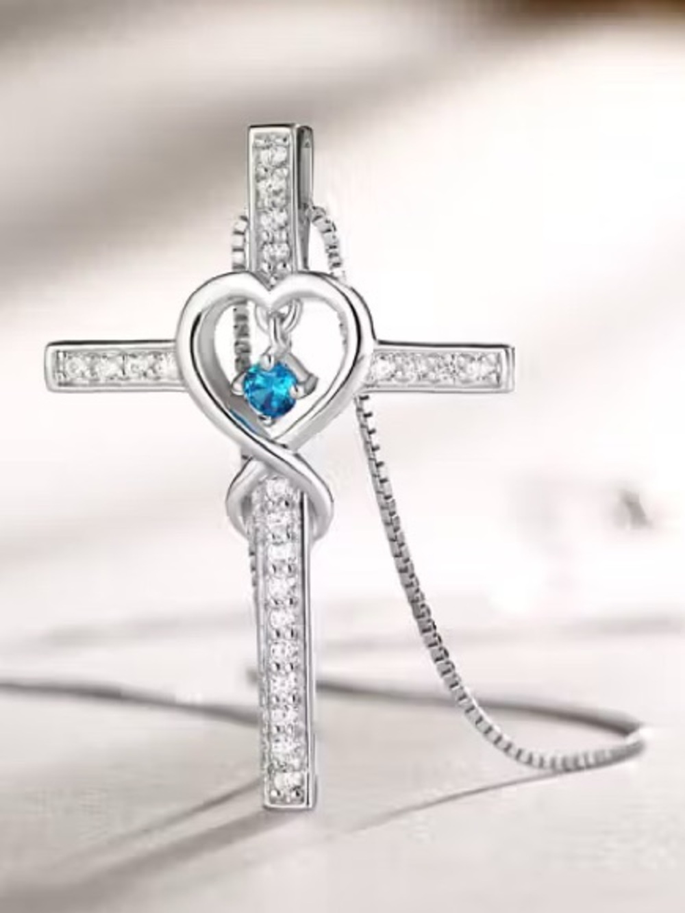 NEW Sterling Silver Cross Heart Pendant Necklace with Dangling Blue Stone